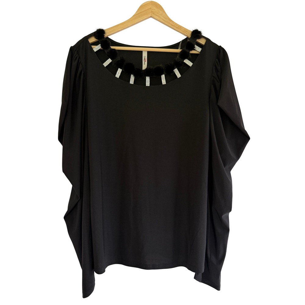 GeeGee Womens 2XL Black Rhinestone Faux Fur Embellished Puff Sleeve Top DT7180PL